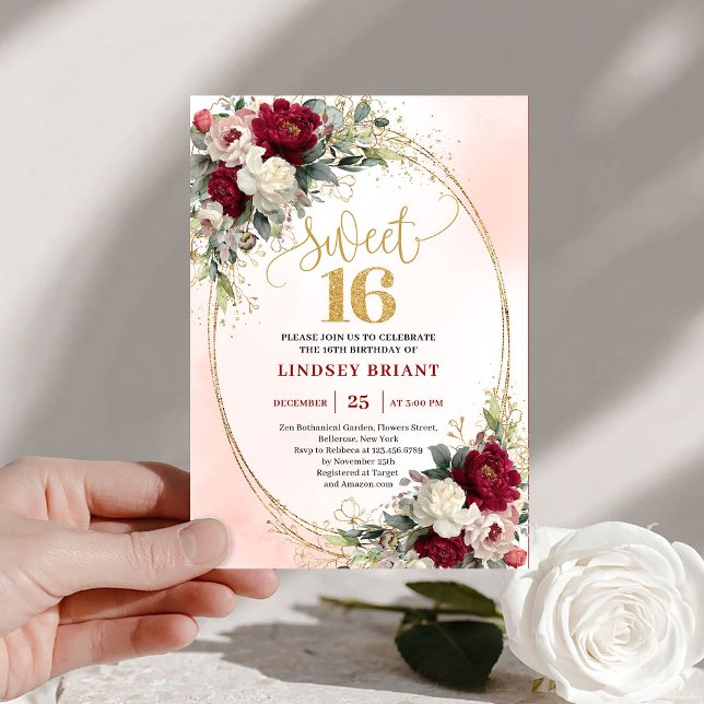 Elegant Boho Burgunder Guld Blommig 16-årsdag  Inbjudningar (Elegant Boho Burgundy Gold Floral 16th Birthday Invite)