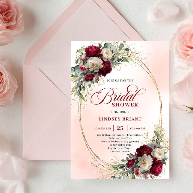 Elegant Boho Burgunder Guld Blommig Bröllopsfest Inbjudningar (Elegant Boho Burgundy White Floral Gold Bridal Shower)