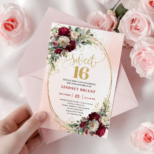 Elegant Boho Burgunder Guld Blommig Sweet Sixteen Inbjudningar