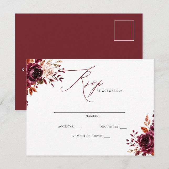 Elegant Boho Burgunder Höst Blommig RSVP Vykort (Fram/baksida)