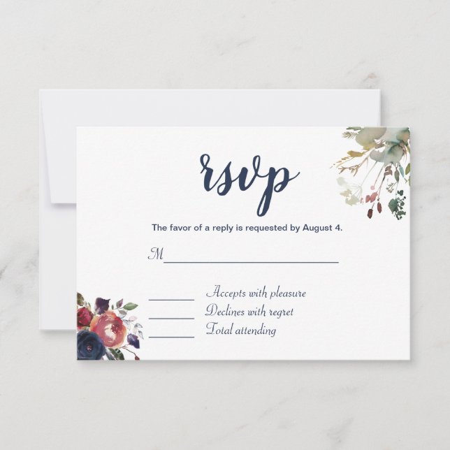Elegant Boho Burgunder Marin Blommig RSVP Bilaga OSA Kort (Framsida)
