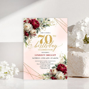 Elegant Boho Burgunder Röd Blommig 70-års Födelsed Inbjudningar