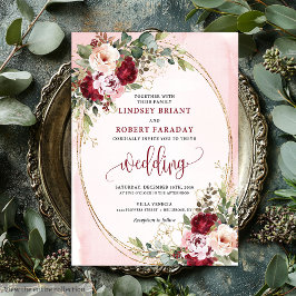 Elegant Boho Burgunder Rosa Guld Blommig Bröllop Inbjudningar
