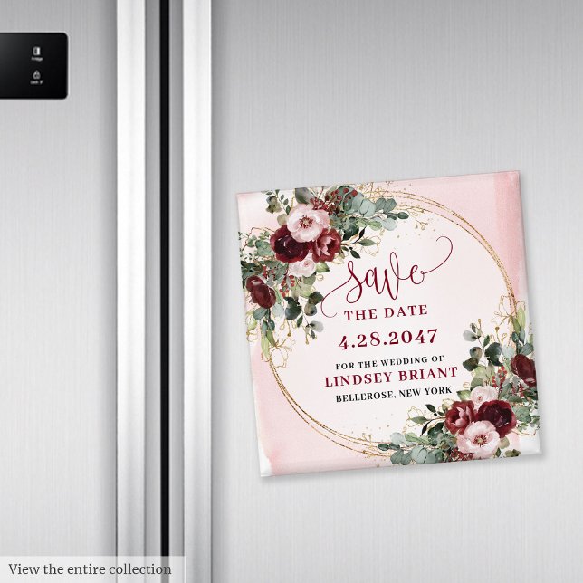 Elegant Boho Burgunder Rosa Guld Blommig Magnet (You want to be unique? This watercolor burgundy and blush floral save the date magnet is the perfect)