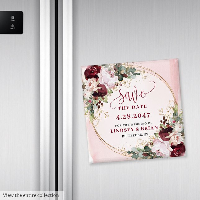 Elegant Boho Burgunder Rosa Guld Blommig Rädda Dat Magnet (Elegant Boho Burgundy Blush Gold Floral Save the Date Magnet

)