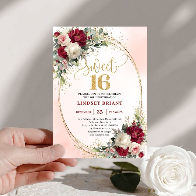 Elegant Boho Burgunder Rosa Guld Blommig Sweet 16 Inbjudningar (Classy Boho Burgundy Blush Gold Floral Sweet Sixteen)
