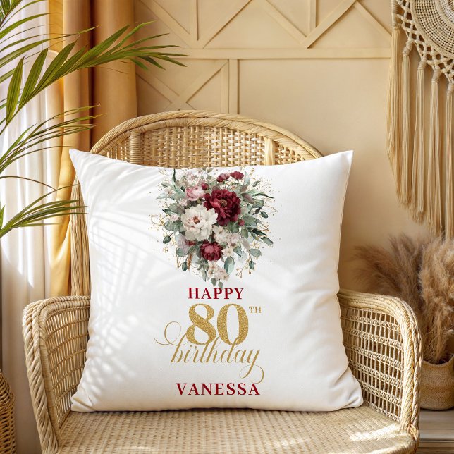 Elegant Boho Burgunderröd 80-årsdags Kudd Kudde (Elegant Boho Burgundy 80th Birthday Pillow)