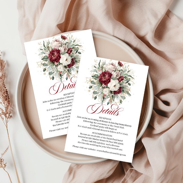 Elegant Boho Burgunderröd Blommig Eukalyptus Guld Tilläggskort (Elegant Boho Burgundy Floral Eucalyptus Gold Details Card)
