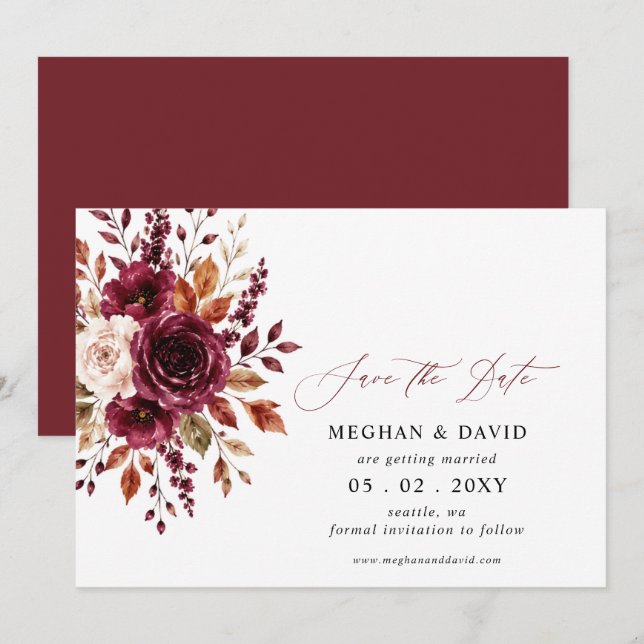 Elegant Boho Burgunderröd Höst Blommig Bröllop Spara Datumet (Fram/baksida)