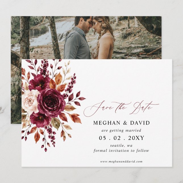 Elegant Boho Burgunderröd Höst Blommig Foto Spara Datumet (Fram/baksida)