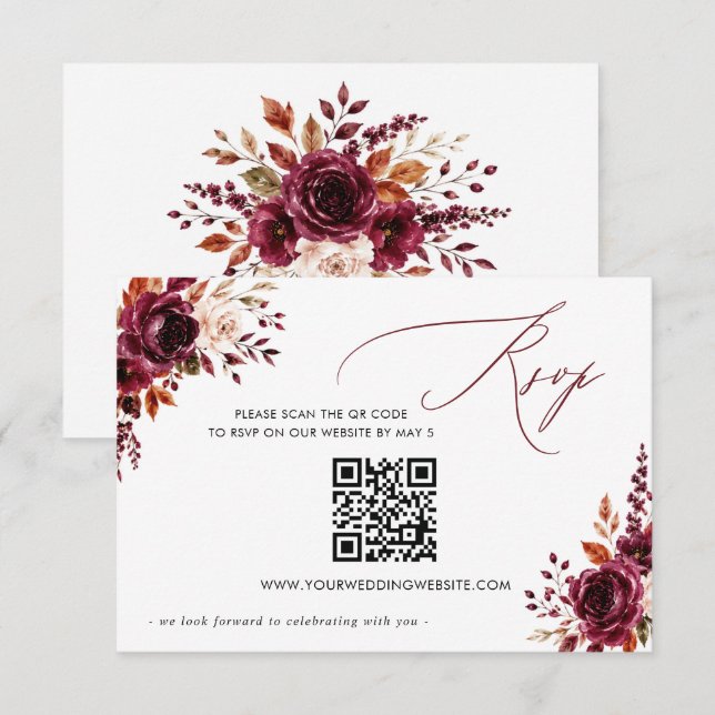 Elegant Boho Burgunderröd Höst Blommig QR KOD OSA Kort (Fram/baksida)