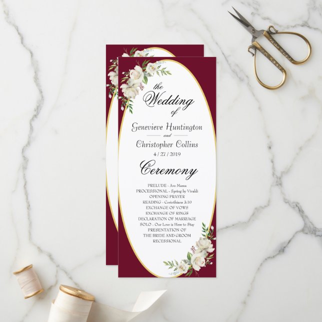 Elegant Boho Burgundy Blommigt Bröllop Ceremony Program (Fram/Back In Situ)