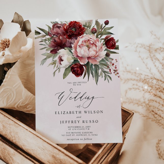 Elegant Boho Burgundy  Blommigt Bröllop Inbjudningar (Elegant Boho Burgundy Blush Floral Wedding Invitation)