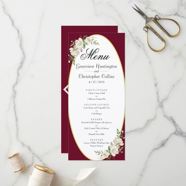 Elegant Boho Burgundy Blommigt Bröllop Menu Program (Fram/Back In Situ)