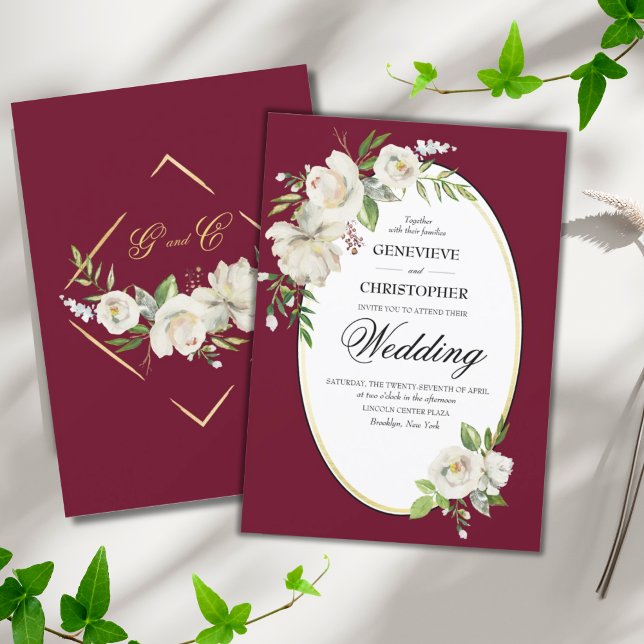 Elegant Boho Burgundy Blommigt Guld Bröllop Inbjudningar (ELEGANT CLASSIC BURGUNDY BOHO WHITE ROSES WEDDING INVITATION)