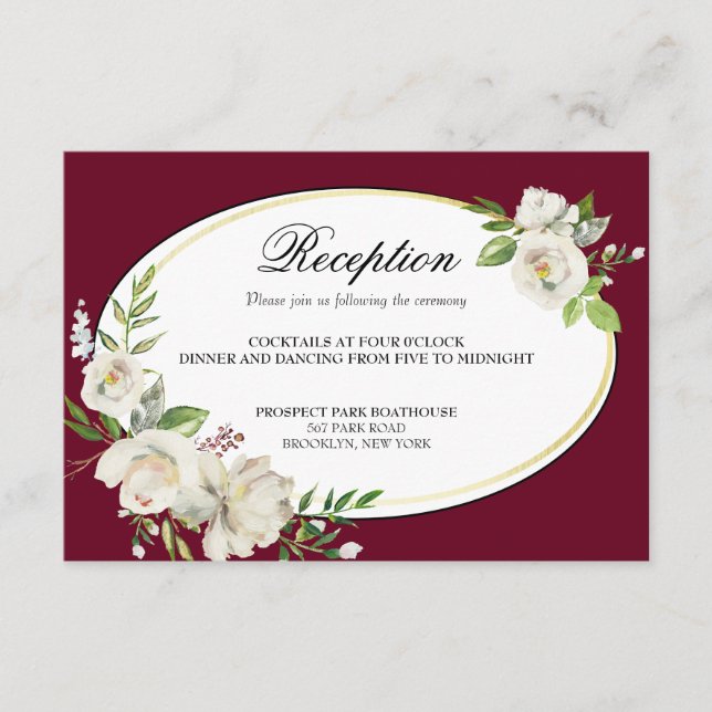 Elegant Boho Burgundy Blommigt Guld Bröllop Tilläggskort (Framsida)