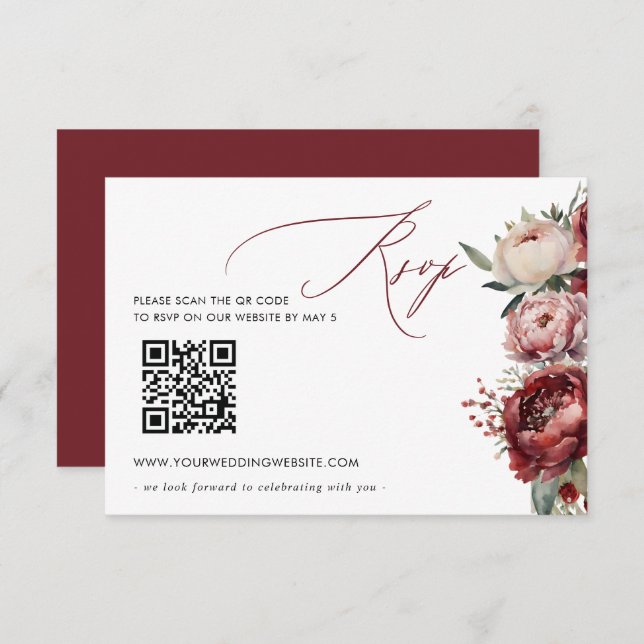 Elegant Boho Burgundy  Blommigt QR CODE OSA Kort (Fram/baksida)