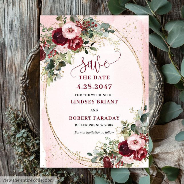 Elegant Boho Burgundy Blush Gold Floral Save Date Inbjudningar (Elegant Boho Burgundy Blush Gold Floral Save Date)