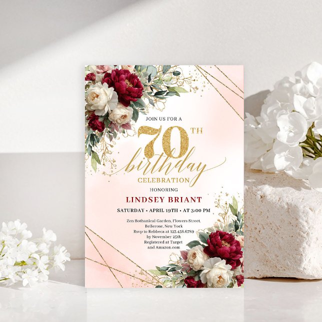 Elegant Boho Burgundy Floral 70th Birthday Invite Inbjudningar (Elegant Boho Burgundy Floral 70th Birthday Invitation)