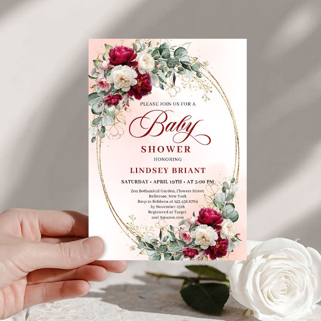 Elegant Boho Burgundy Gold Baby Shower Invitation Inbjudningar (Elegant Boho Burgundy Gold Baby Shower Invitation)