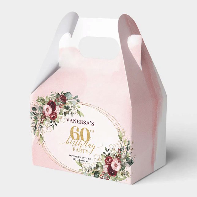 Elegant Boho Burgundy Gold Floral 60th Favor Box Presentaskar (Elegant Boho Burgundy Blush Roses 60th Birthday Box

)