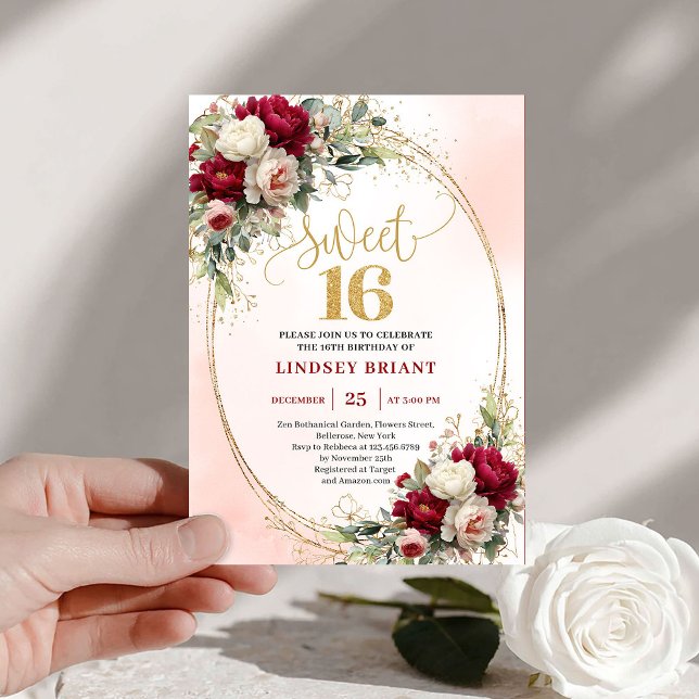 Elegant boho burgundy gold floral sweet sixteen  inbjudningar (Elegant boho burgundy gold floral sweet sixteen invitation

)
