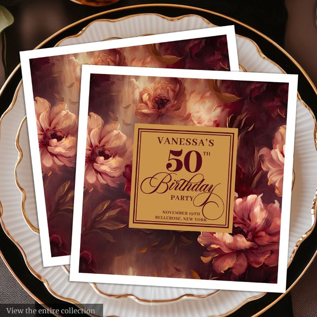 Elegant Boho Burgundy  Guld 50:e födelsedagen Pappersservett (Elegant Boho Burgundy Blush Gold 50th Birthday Paper Dinner Napkins)