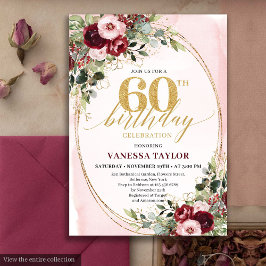 Elegant Boho Burgundy Guld Blommig 60-årsdag Inbjudningar