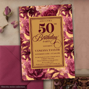 Elegant Boho Burgundy Guld Blommigt 50:e födelseda Inbjudningar