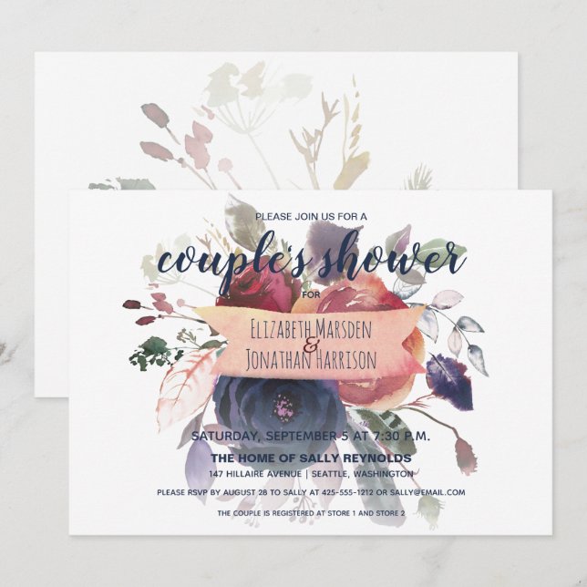 Elegant Boho Burgundy Navy Blommigt Couple's Showe Inbjudningar (Fram/baksida)
