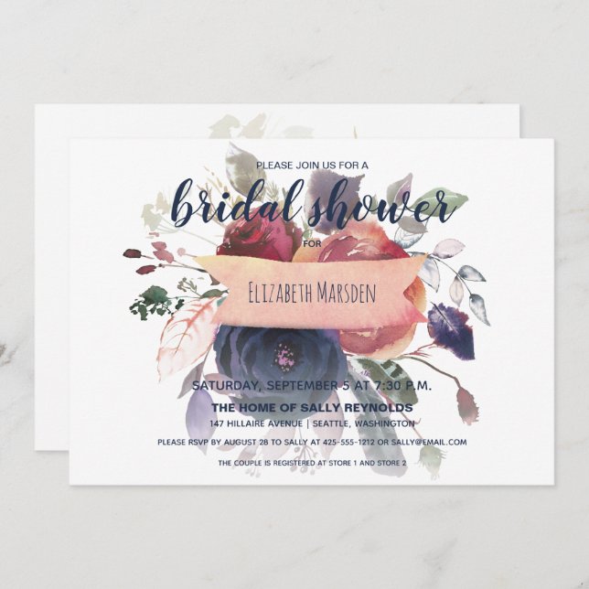 Elegant Boho Burgundy Navy Blommigt Möhippa Inbjudningar (Fram/baksida)