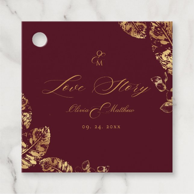 Elegant Boho | Burgundy och Guld Autumn Bröllop Gåvor Etiketter (Framsida)