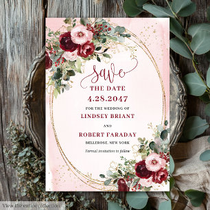 Elegant Boho Burgundy Rosé Guld Blommig Spara Datu Inbjudningar
