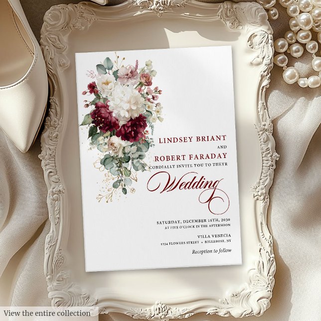 Elegant Boho Burgundy White Blommigt bröllopsinbju Inbjudningar (Elegant Boho Burgundy White Floral Wedding Invite)