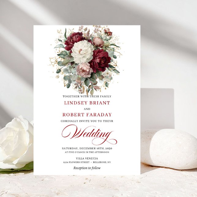 Elegant Boho Burgundy White Floral Gold Wedding  Inbjudningar (Elegant Boho Burgundy White Floral Gold Wedding Invitation)
