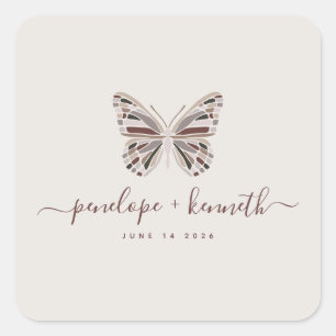 Elegant Boho Butterfly Burgundy Taupe Bröllop Fyrkantigt Klistermärke