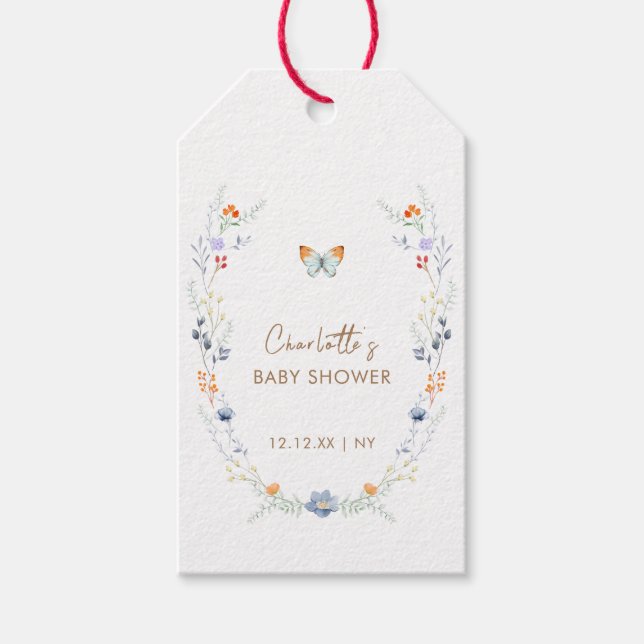 Elegant Boho Butterfly WildblomBaby Shower Presentetikett (Framsidan)