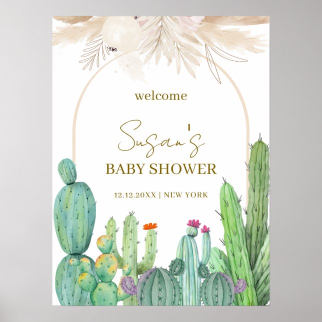 Elegant Boho Cactus Arch Baby Shower Välkommen Poster (Framsidan)