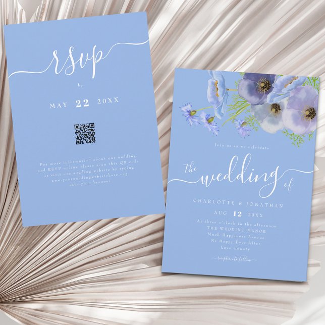 Elegant Boho Chic Blommig Blå Bröllops QR-kod Inbjudningar (Elegant whimsical script watercolor wildflower floral bouquet blue wedding qr code invitation )