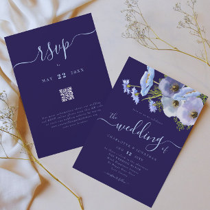 Elegant Boho Chic Blommig Blå Bröllops QR-kod Inbjudningar