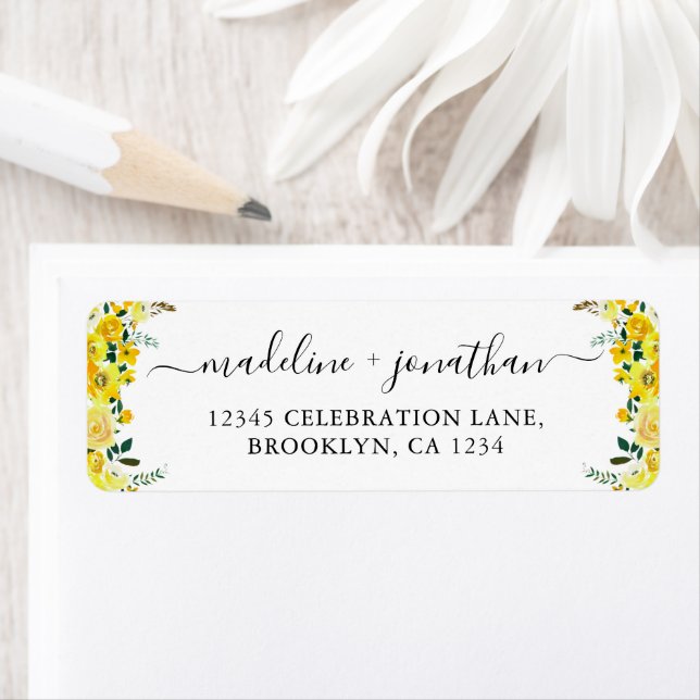 Elegant Boho Chic Blommigt Mustard Gult Vattenfärg Returadress Etikett (Insitu)