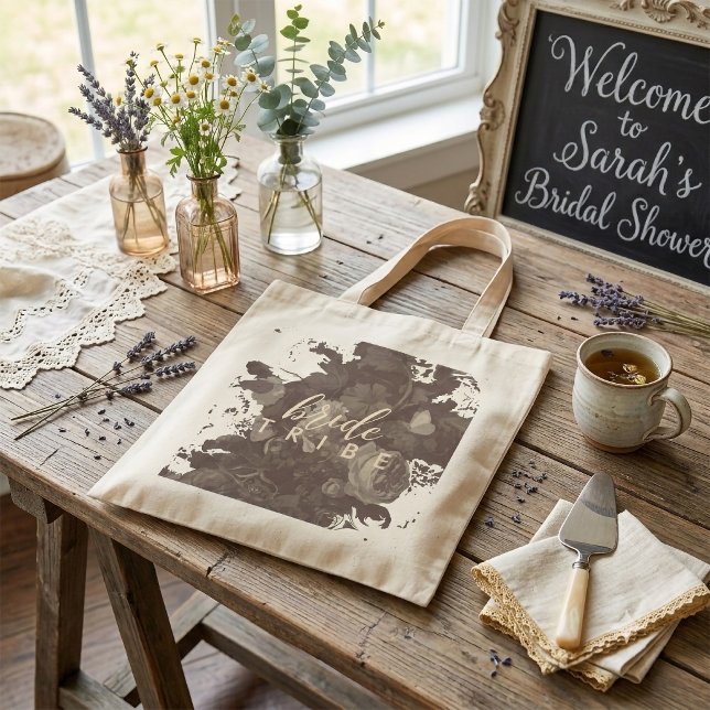 Elegant Boho Chic Typografi Blommig Bröllopsdusch Tygkasse (Skapare uppladdad)