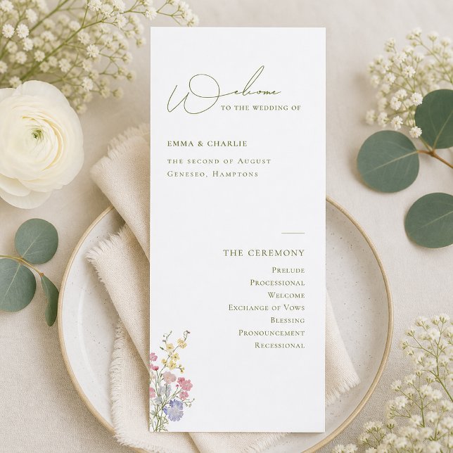 Elegant Boho Chic Vilda Blommor Bröllopsprogram (Elegant Boho Chic Wildflowers Wedding Program)
