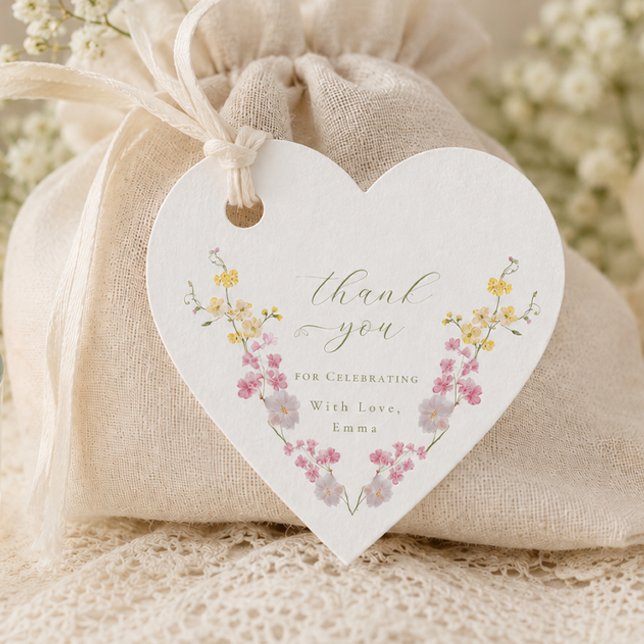 Elegant boho chic Vildblommor Bröllopsdusch Hjärta Gåvor Etiketter (Elegant boho chic Wildflowers Bridal shower Heart Favor Tags)