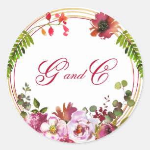 Elegant Boho Coral Blommigt Monogram Bröllop Runt Klistermärke