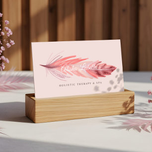 Elegant Boho Coral & Rosa Watercolor Feather Visitkort