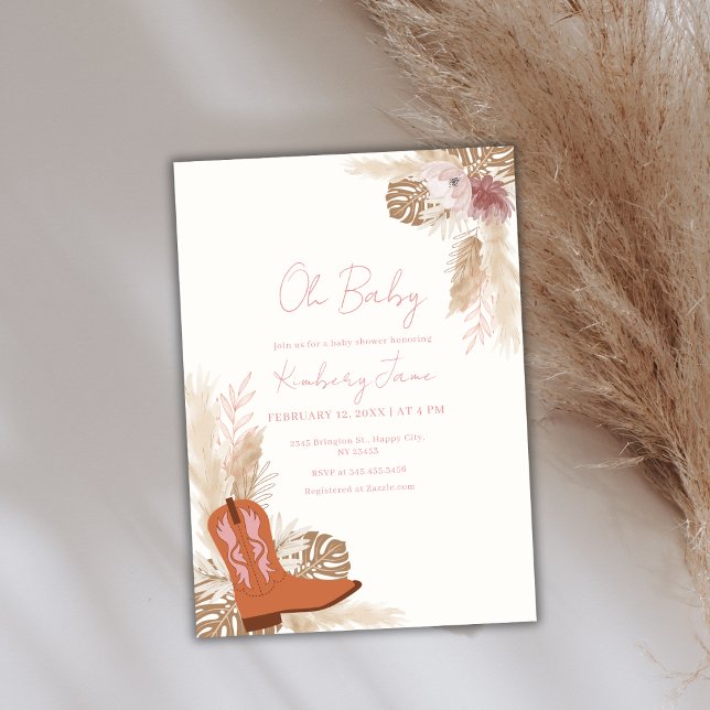 Elegant Boho Cowgirl Boots Pampas Baby Shower Inbjudningar (Elegant Boho Cowgirl Boots Pampas Baby Shower Invitation)