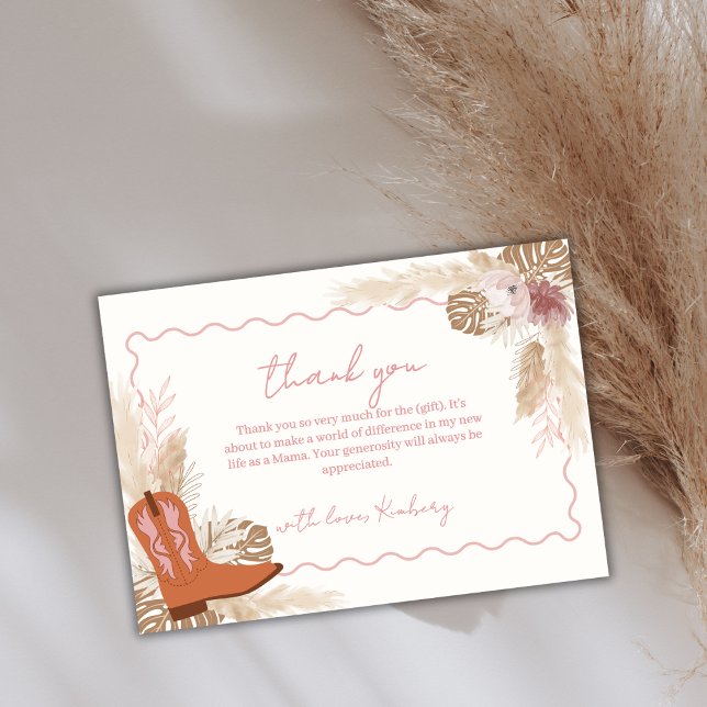 Elegant Boho Cowgirl Boots Pampas Baby Shower Tack Kort (Elegant Boho Cowgirl Boots Pampas Baby Shower Thank You Card)