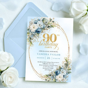 Elegant Boho Dammblå Blommig Guld 90-årsdag Inbjudningar