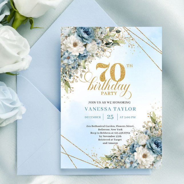 Elegant boho dammig blå blommig guld ram 70-års  inbjudningar (Elegant boho dusty blue florals gold frame 70th birthday

)